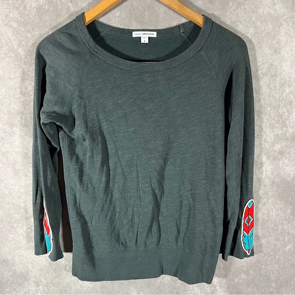 James Perse Shirt Women 0 Gray Custom Die Trying Feather Patches Long Sleeve